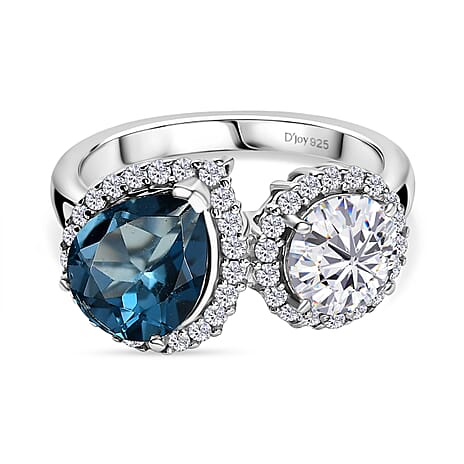 D'Joy London Blue Topaz & Moissanite Ring in Rhodium Overlay Sterling Silver 4.28 Ct.