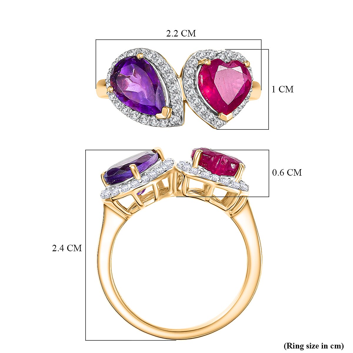 D'Joy African Ruby, White Zircon, African Amethyst Bypass Ring in 18K YG VermeilSterling Silver  3.601  Ct.