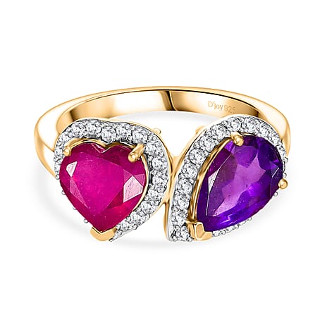 D'Joy African Ruby, White Zircon & African Amethyst Bypass Ring in 18K Vermeil Yellow Gold Plated Sterling Silver 3.60 Ct.