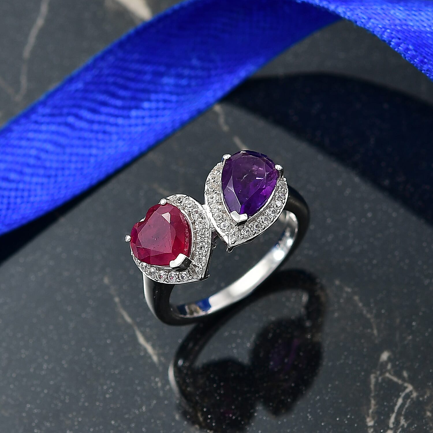 D'Joy African Ruby, White Zircon, African Amethyst Bypass Ring in Rhodium OverlaySterling Silver  3.601  Ct.