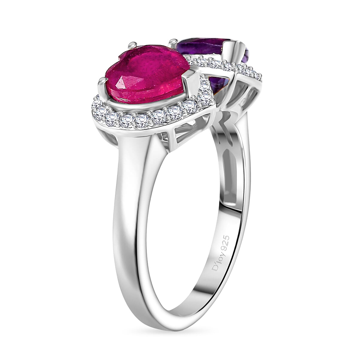D'Joy African Ruby, White Zircon, African Amethyst Bypass Ring in Rhodium OverlaySterling Silver  3.601  Ct.