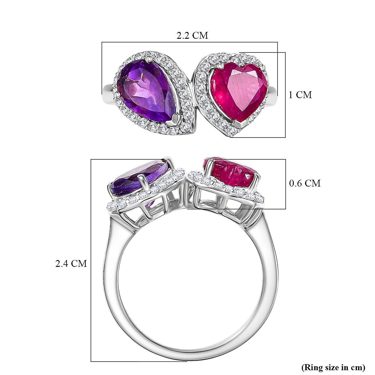D'Joy African Ruby, White Zircon, African Amethyst Bypass Ring in Rhodium OverlaySterling Silver  3.601  Ct.