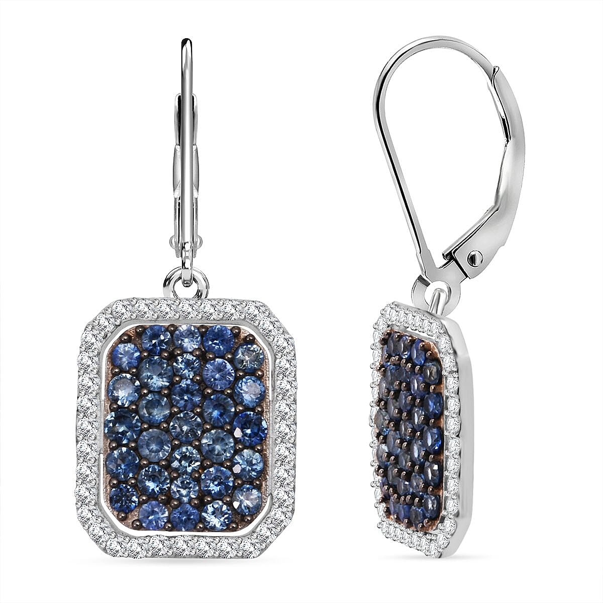 D'Joy Blue Ceylon Sapphire & White Zircon Earring in Rhodium Overlay Sterling Silver 2.86 Ct.