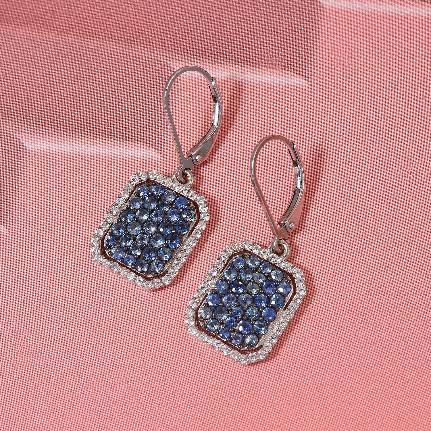D'Joy Blue Ceylon Sapphire & White Zircon Earring in Rhodium Overlay Sterling Silver 2.86 Ct.