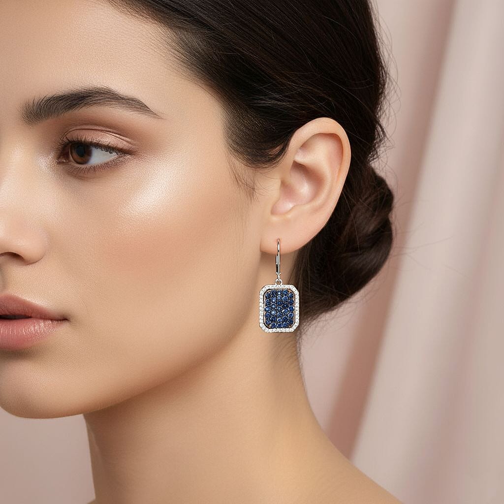 D'Joy Blue Ceylon Sapphire & White Zircon Earring in Rhodium Overlay Sterling Silver 2.86 Ct.