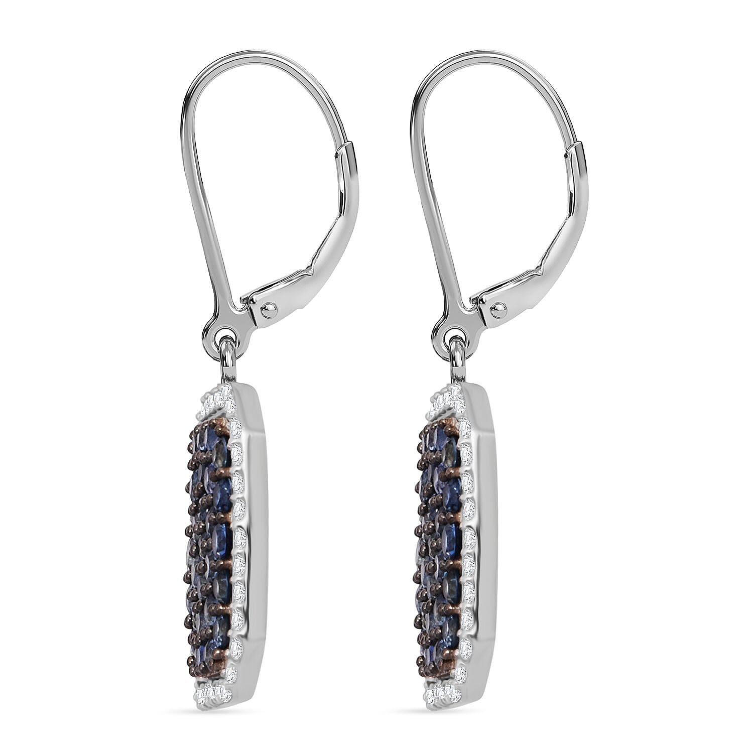 D'Joy Blue Ceylon Sapphire & White Zircon Earring in Rhodium Overlay Sterling Silver 2.86 Ct.