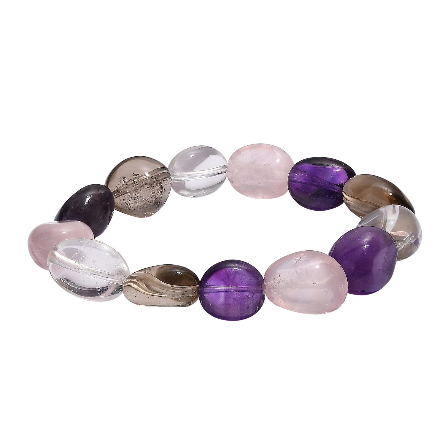 Neapolitan Dreams - Natural Zambian Amethyst,Galilea Rose Quartz, Smoky Quartz & Crystal Quartz Bracelet (Stretchable) 200.00 Ct.