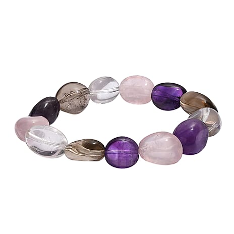 Neapolitan Dreams - Natural Zambian Amethyst,Galilea Rose Quartz, Smoky Quartz & Crystal Quartz Bracelet (Stretchable) 200.00 Ct.
