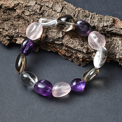 Neapolitan Dreams - Natural Zambian Amethyst,Galilea Rose Quartz, Smoky Quartz & Crystal Quartz Bracelet (Stretchable) 200.00 Ct.