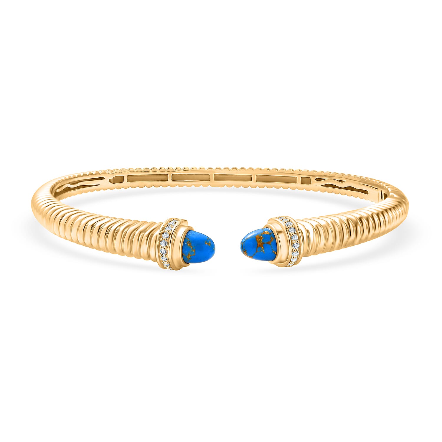 EverTrue Blue Turquoise & White Cubic Zirconia Cuff Bangle (Size-7.5) in Yellow Gold Tone 3.61 Ct.