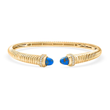 EverTrue Blue Turquoise & White Cubic Zirconia Cuff Bangle (Size-7.5) in Yellow Gold Tone 3.61 Ct.