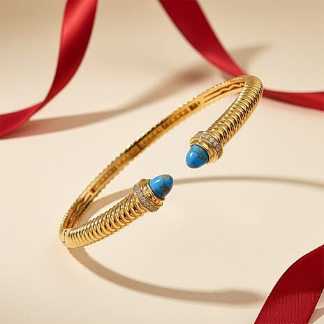 EverTrue Blue Turquoise & White Cubic Zirconia Cuff Bangle (Size-7.5) in Yellow Gold Tone 3.61 Ct.