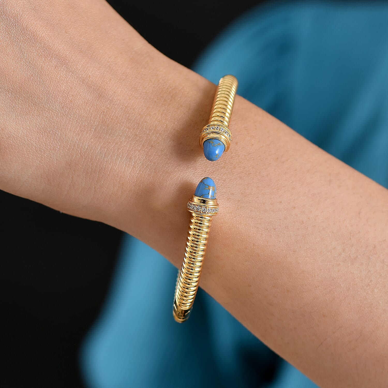 EverTrue Blue Turquoise & White Cubic Zirconia Cuff Bangle (Size-7.5) in Yellow Gold Tone 3.61 Ct.
