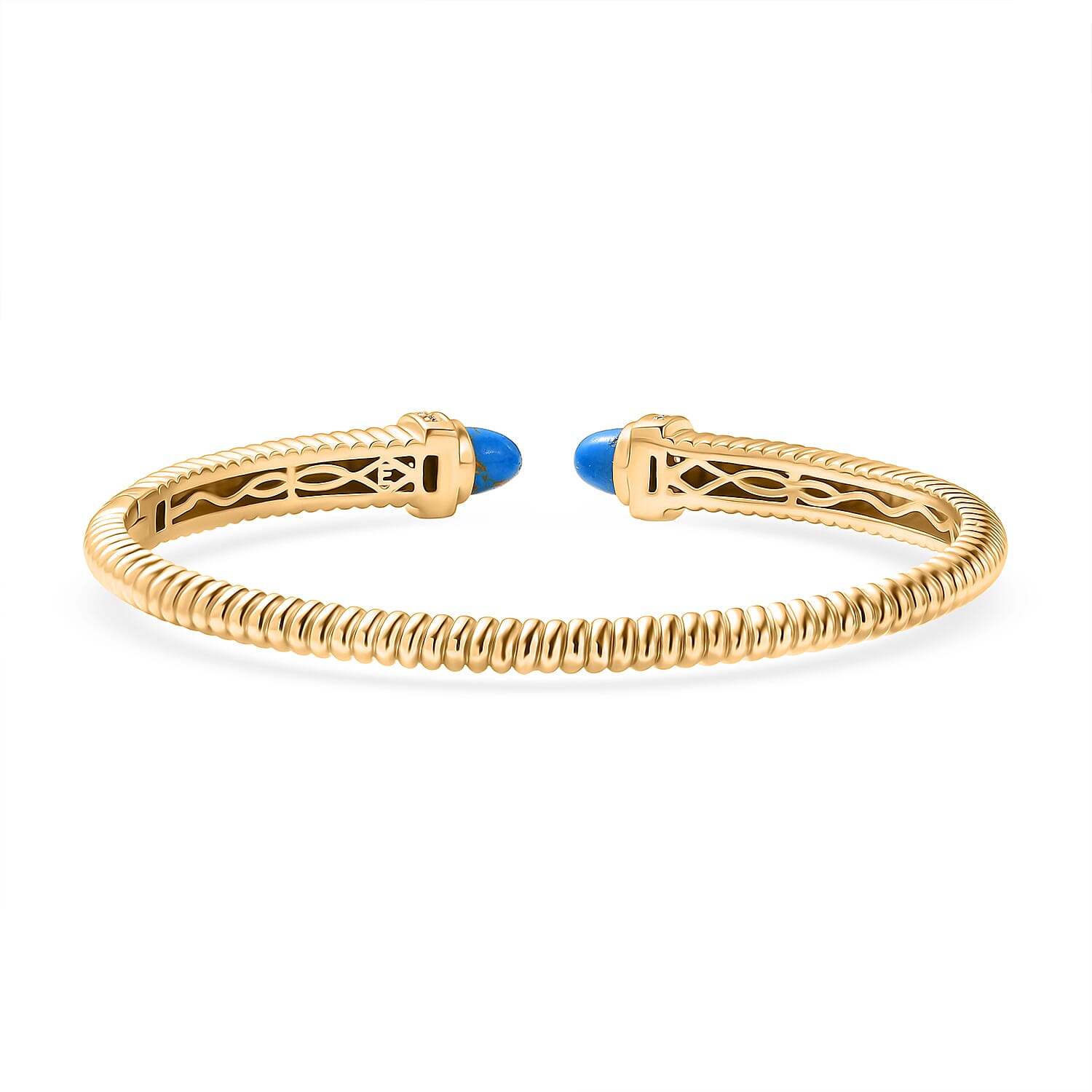 EverTrue Blue Turquoise & White Cubic Zirconia Cuff Bangle (Size-7.5) in Yellow Gold Tone 3.61 Ct.