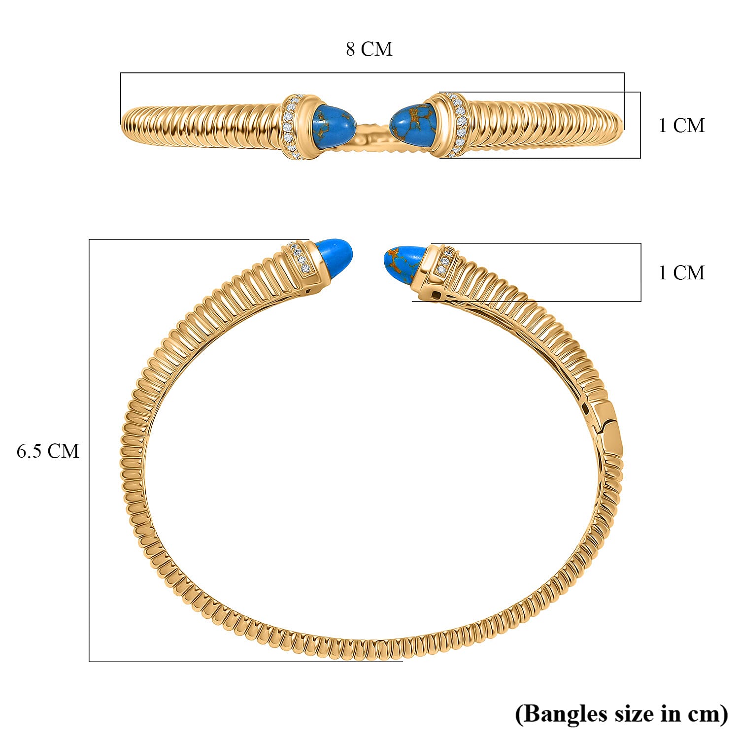 EverTrue Blue Turquoise & White Cubic Zirconia Cuff Bangle (Size-7.5) in Yellow Gold Tone 3.61 Ct.