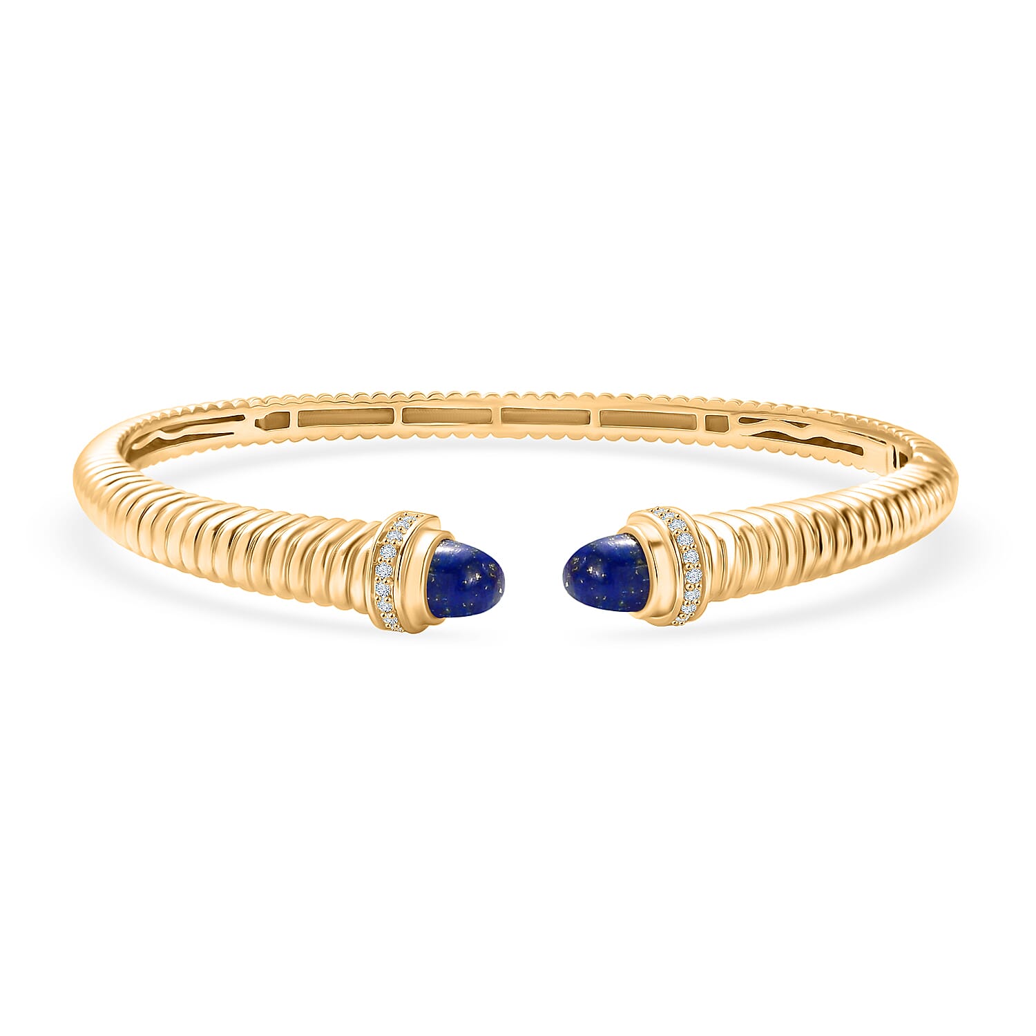 EverTrue Lapis Lazuli & White Cubic Zirconia Cuff Bangle (Size -7.5) in Yellow Gold Tone 3.92 Ct.