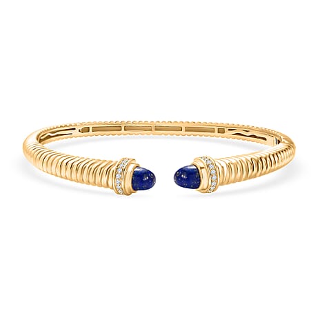 EverTrue Lapis Lazuli & White Cubic Zirconia Cuff Bangle (Size -7.5) in Yellow Gold Tone 3.92 Ct.