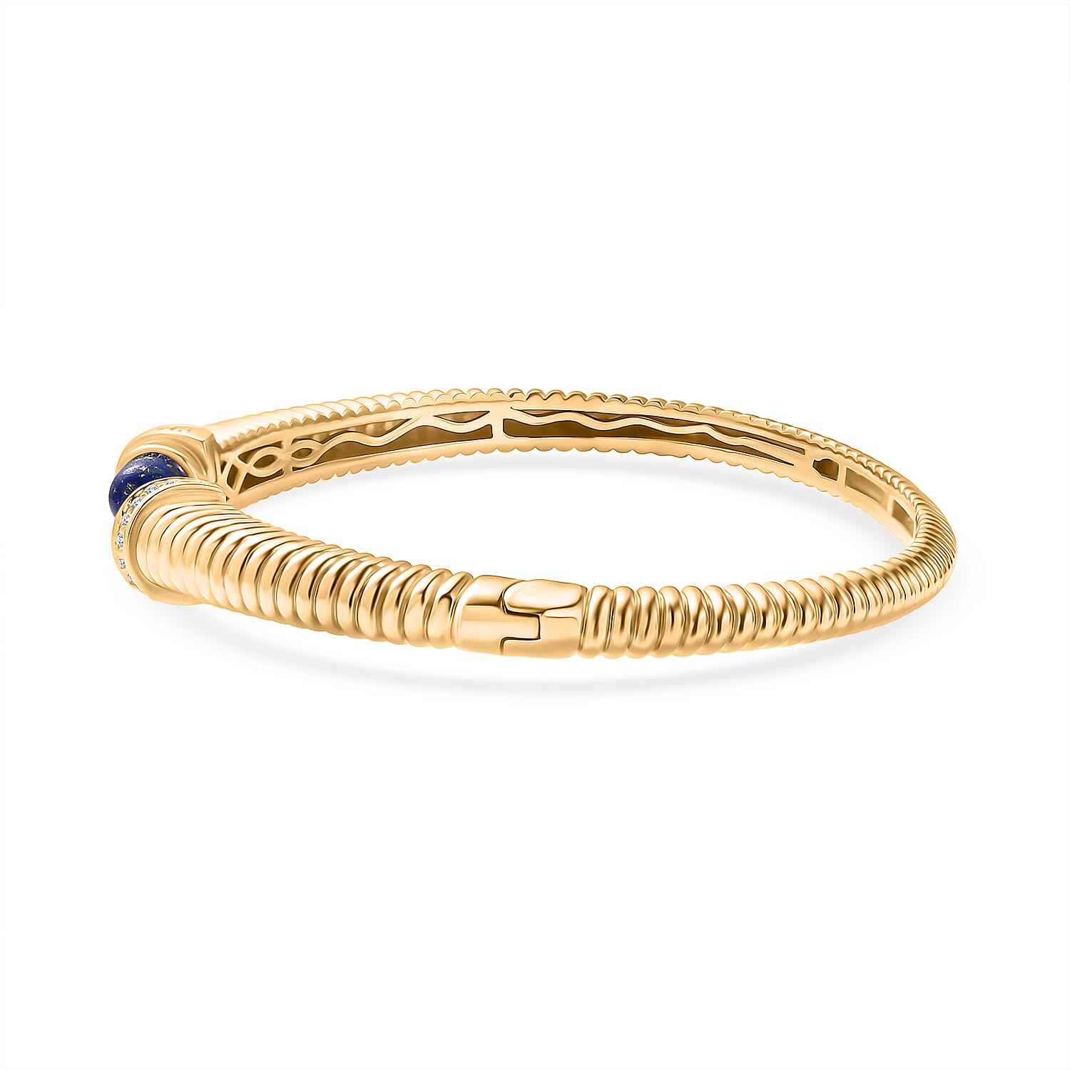 EverTrue Lapis Lazuli & White Cubic Zirconia Cuff Bangle (Size -7.5) in Yellow Gold Tone 3.92 Ct.