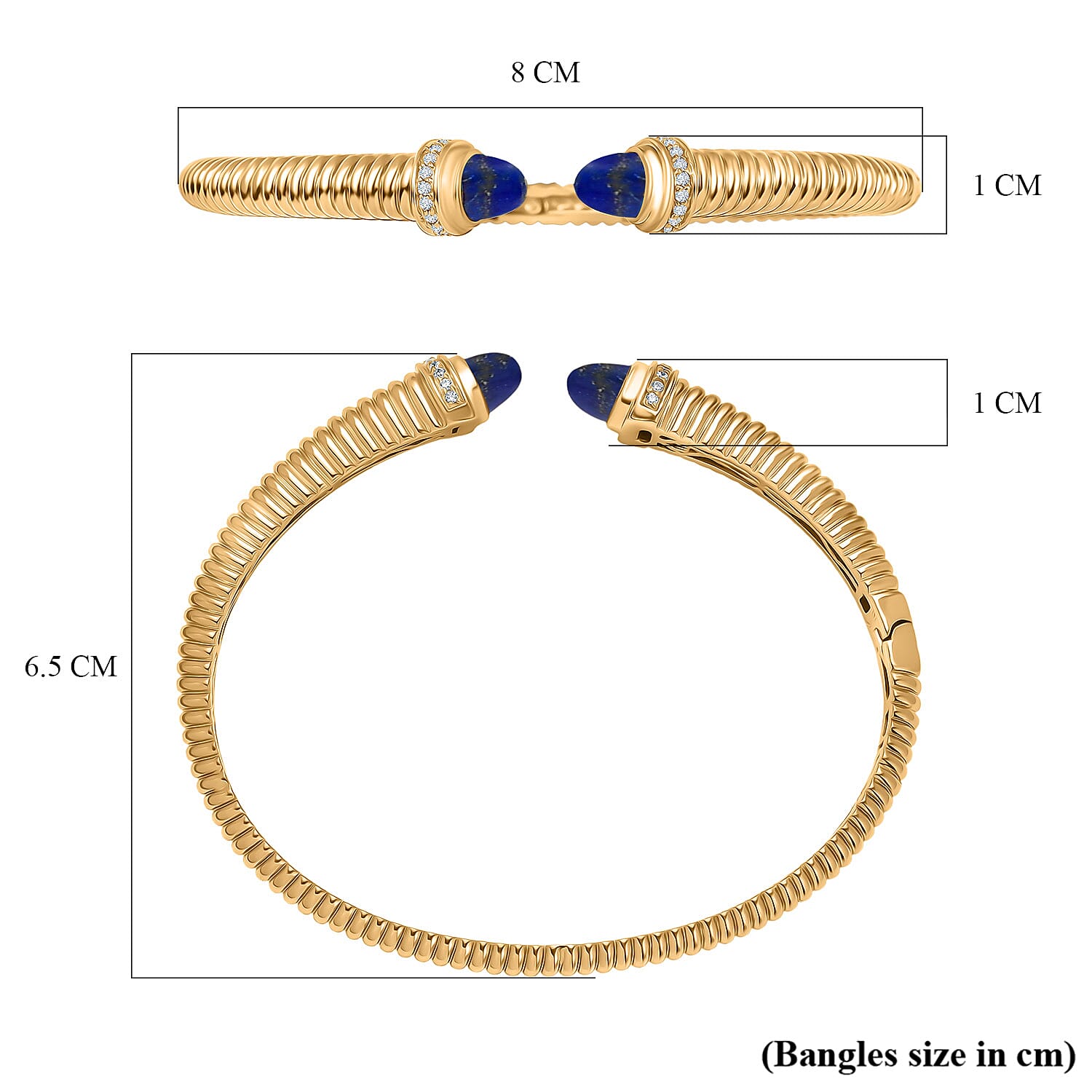 EverTrue Lapis Lazuli & White Cubic Zirconia Cuff Bangle (Size -7.5) in Yellow Gold Tone 3.92 Ct.