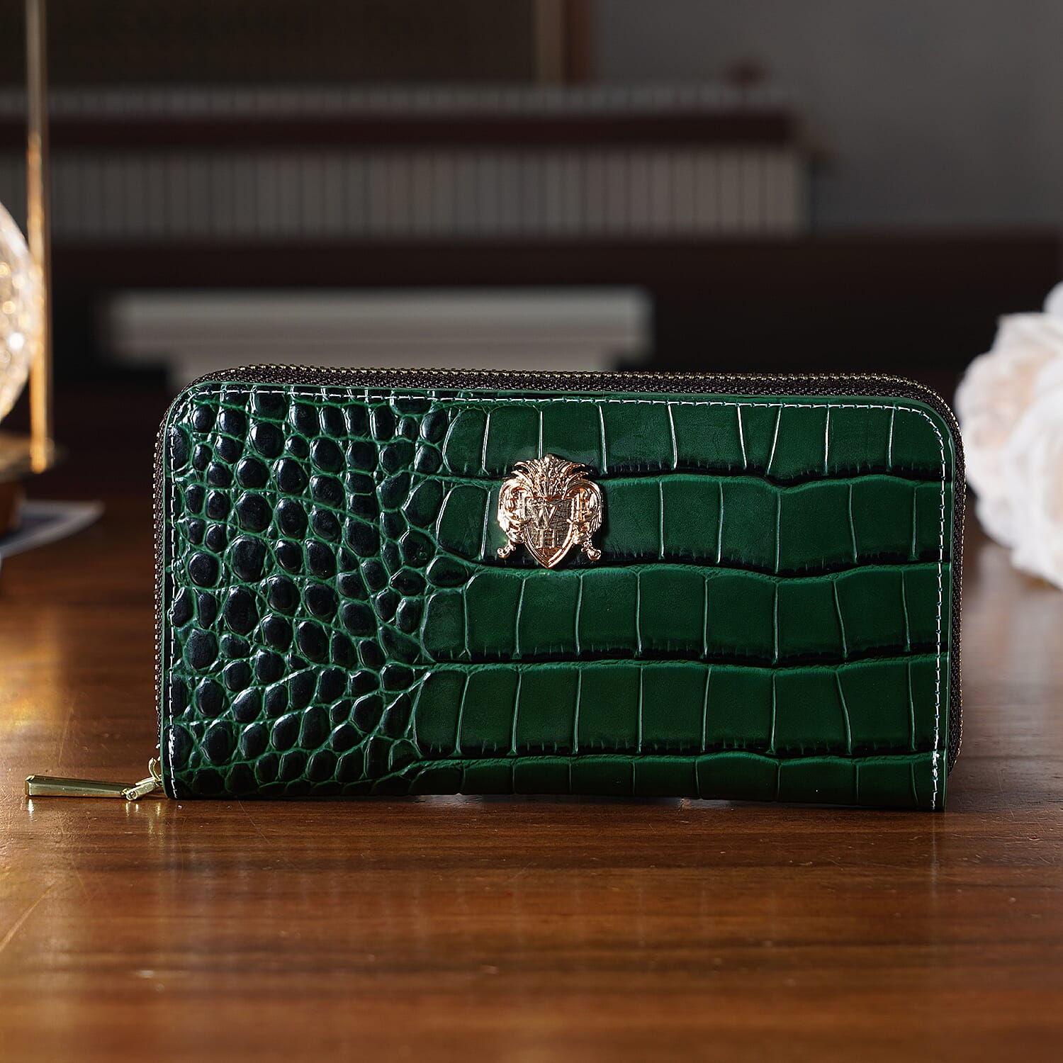 WILLIAM HUNT RFID Croc Embossed 100% Genuine Leather Wallet - Green