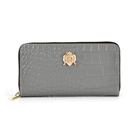 WILLIAM HUNT RFID Croc Embossed 100% Genuine Leather Wallet - Grey