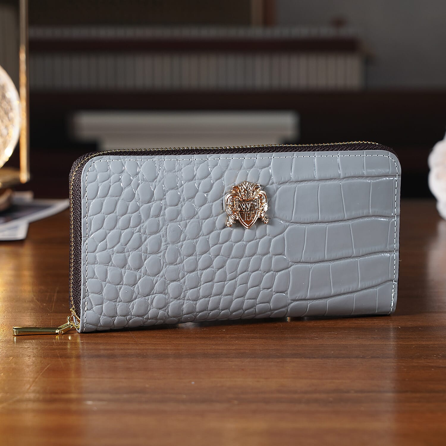 WILLIAM HUNT RFID Croc Embossed 100% Genuine Leather Wallet - Grey