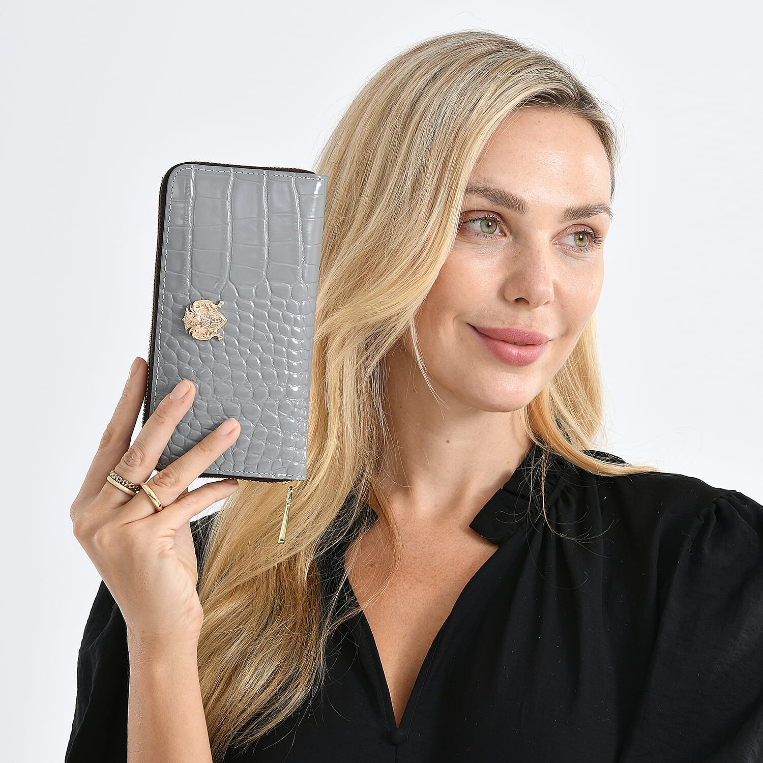 WILLIAM HUNT RFID Croc Embossed 100% Genuine Leather Wallet - Grey