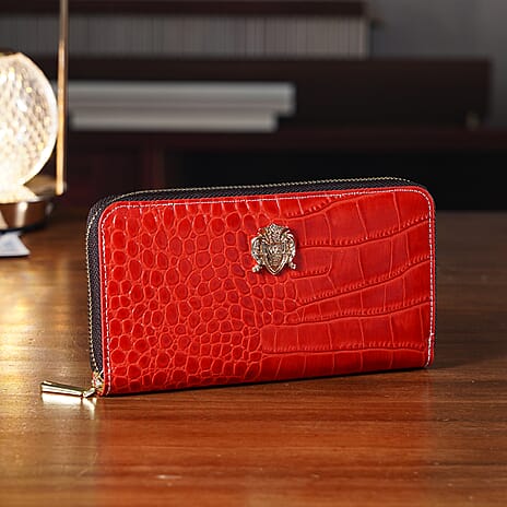 WILLIAM HUNT RFID Croc Embossed 100% Genuine Leather Wallet - Red