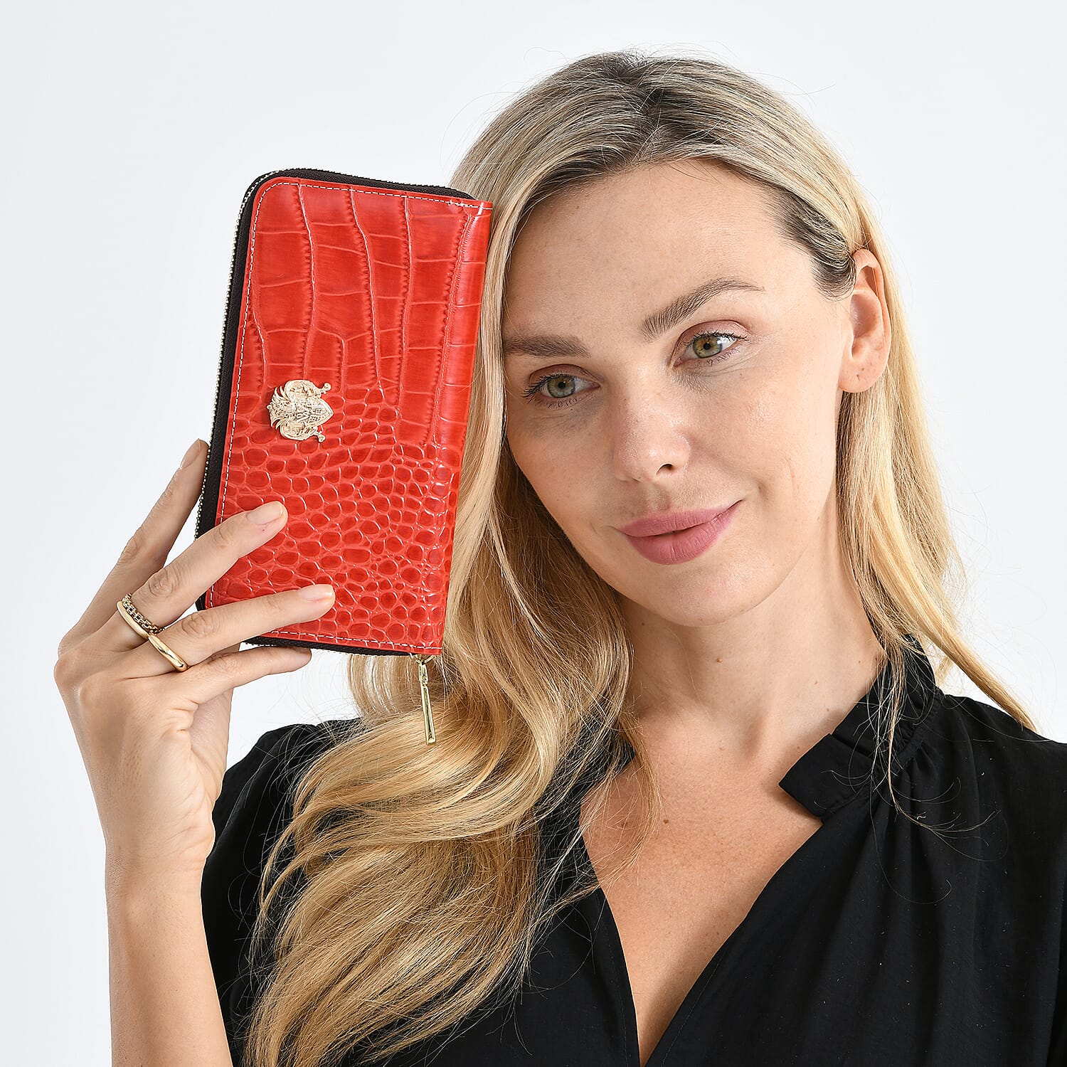 WILLIAM HUNT RFID Croc Embossed 100% Genuine Leather Wallet - Red