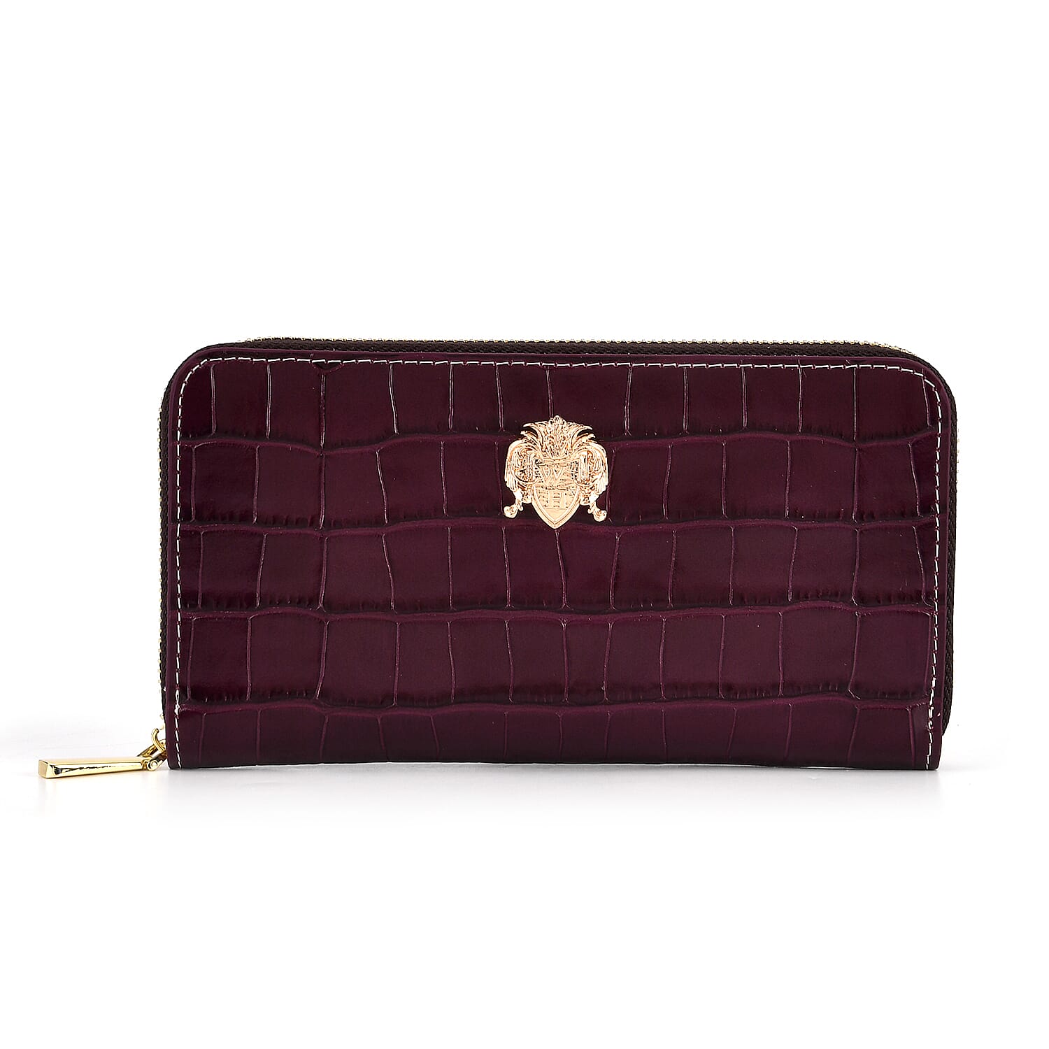 WILLIAM HUNT RFID Croc Embossed 100% Genuine Leather Wallet - Plum