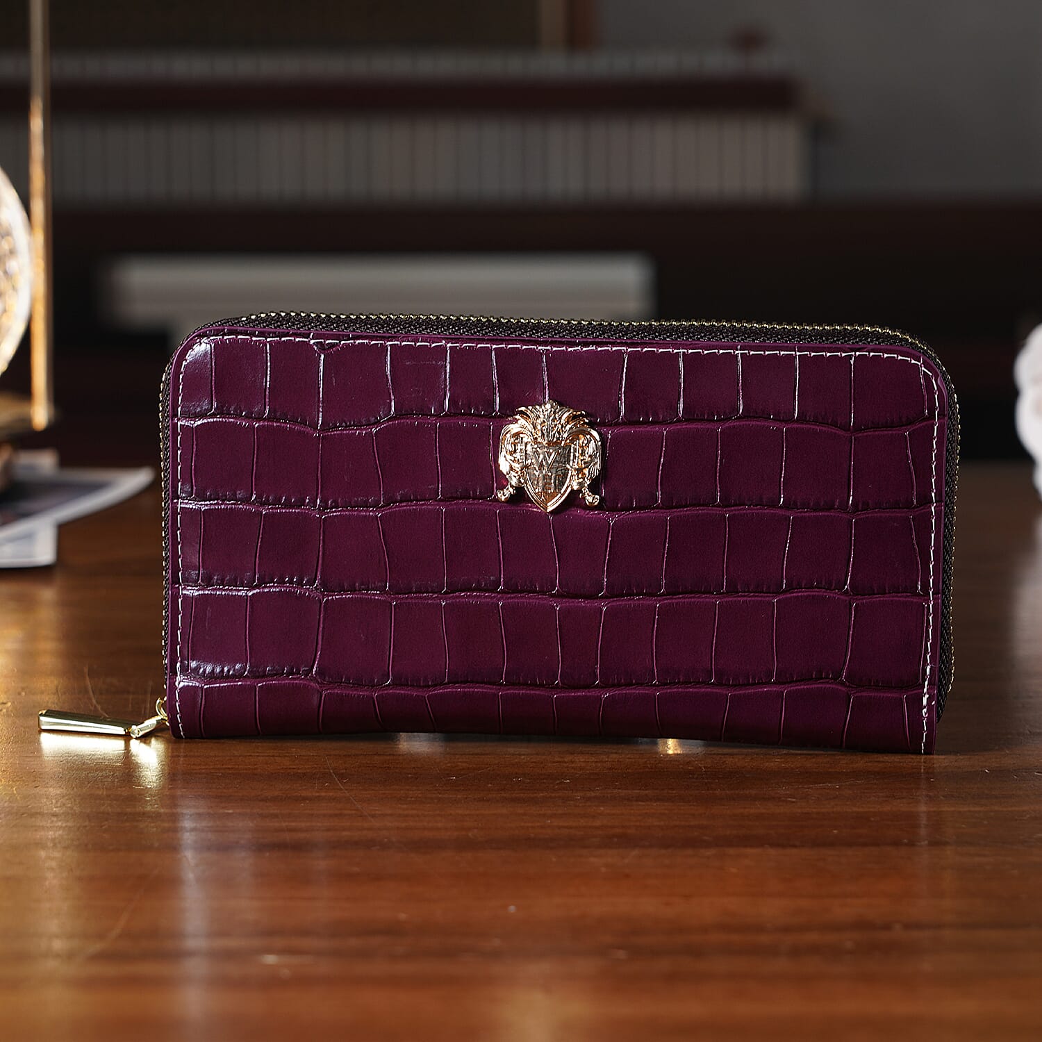 WILLIAM HUNT RFID Croc Embossed 100% Genuine Leather Wallet - Plum
