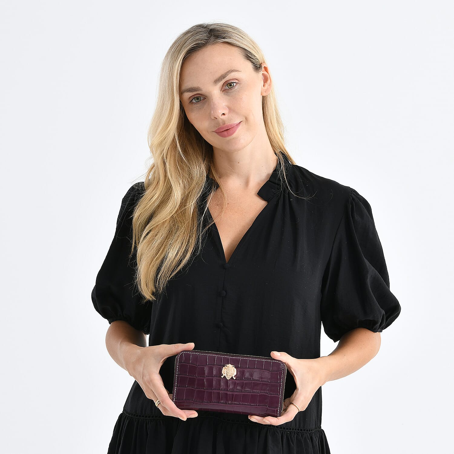 WILLIAM HUNT RFID Croc Embossed 100% Genuine Leather Wallet - Plum