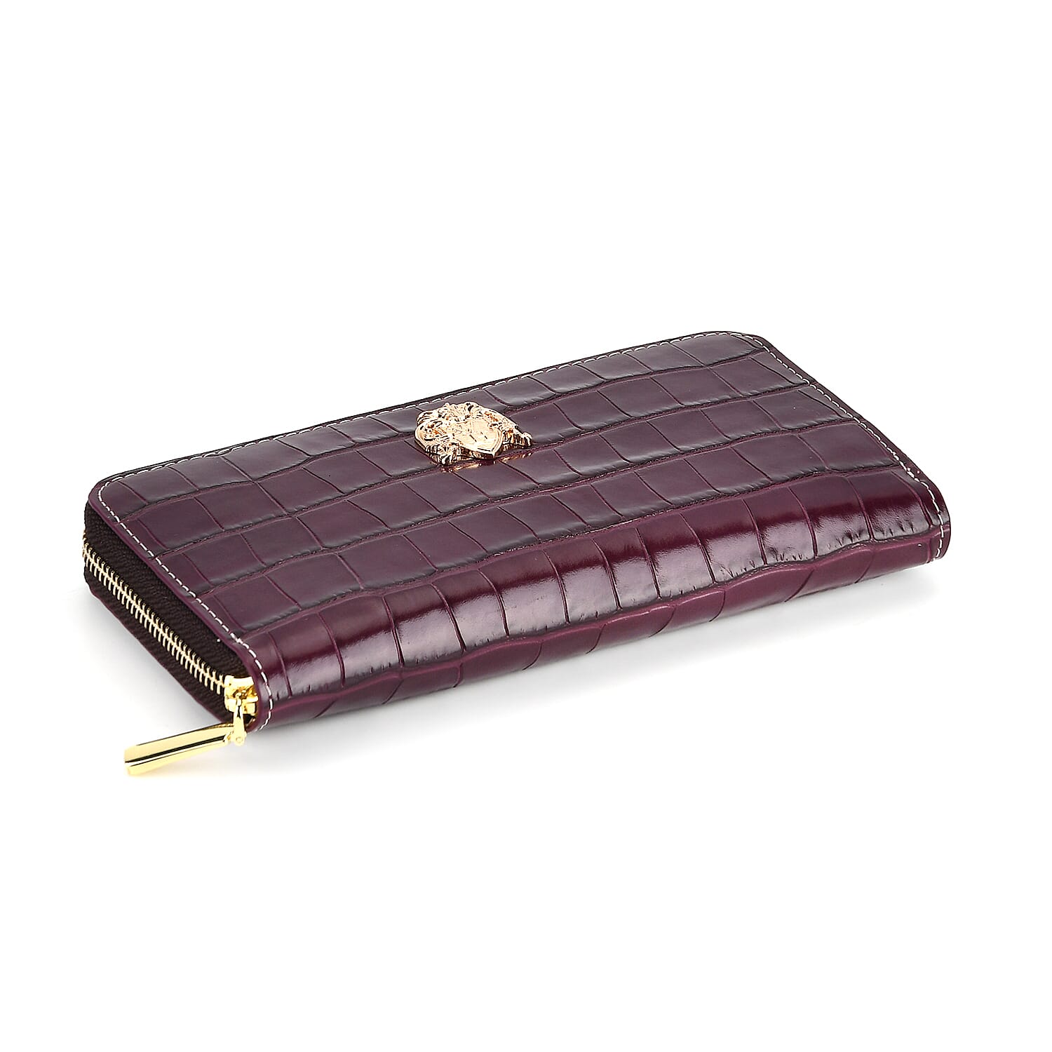 WILLIAM HUNT RFID Croc Embossed 100% Genuine Leather Wallet - Plum