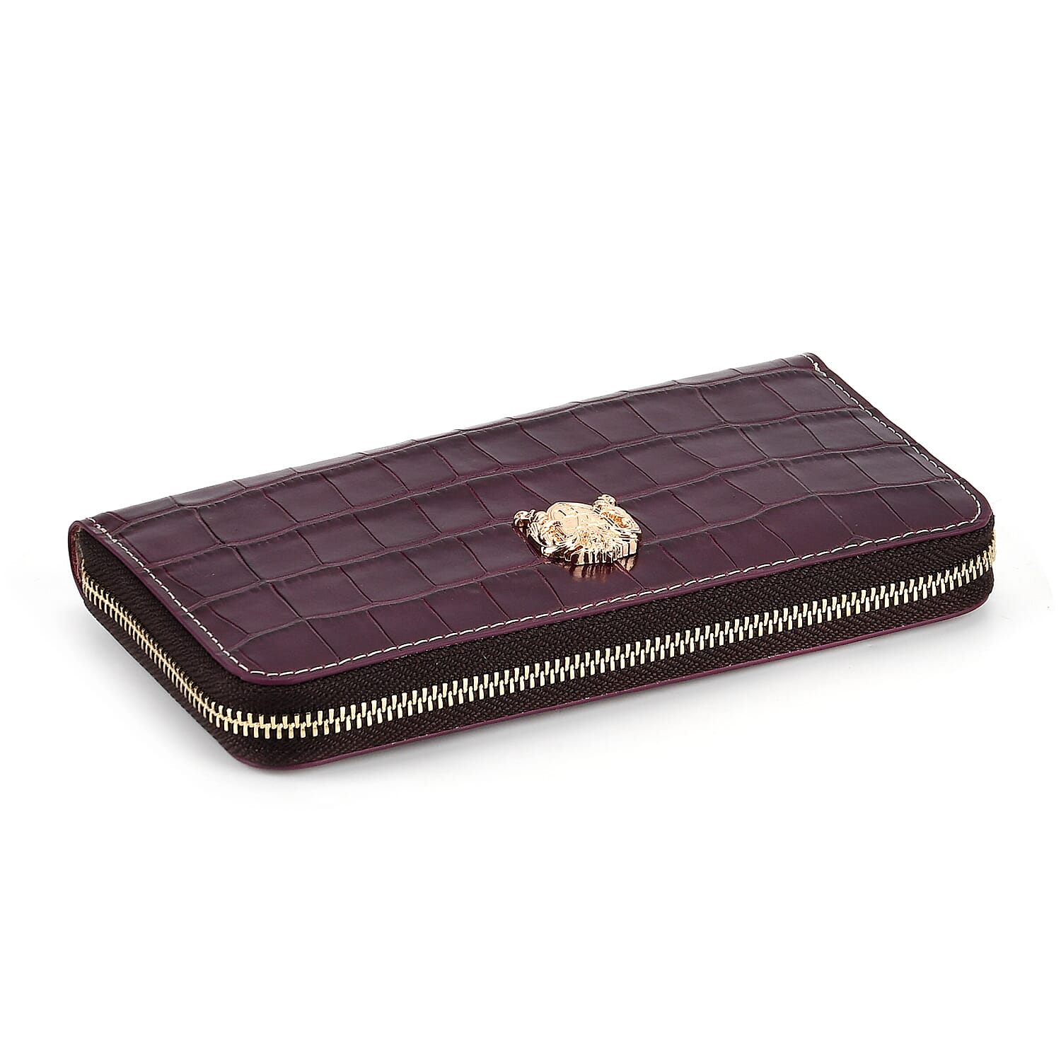 WILLIAM HUNT RFID Croc Embossed 100% Genuine Leather Wallet - Plum