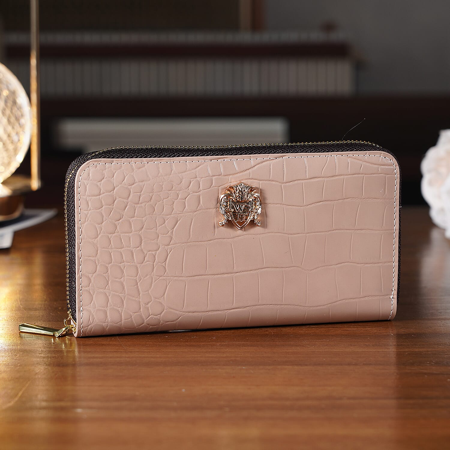 WILLIAM HUNT RFID Croc Embossed 100% Genuine Leather Wallet - Beige