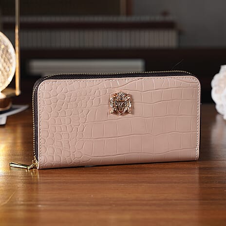 WILLIAM HUNT RFID Croc Embossed 100% Genuine Leather Wallet - Beige