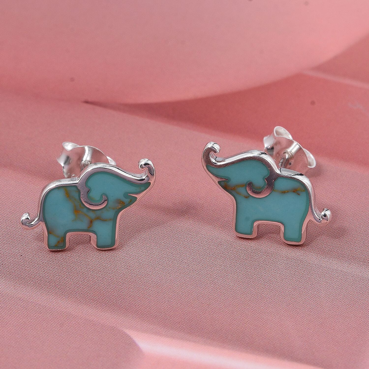 Greenish Blue Turquoise Elephant Earring with Push Back Sterling Silver