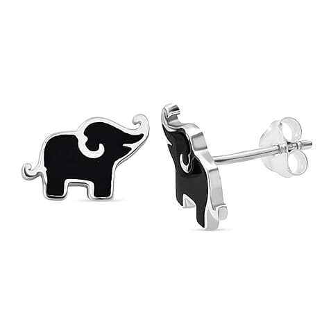 Black Onyx Elephant Earring with Push Back Sterling Silver