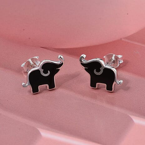 Black Onyx Elephant Earring with Push Back Sterling Silver