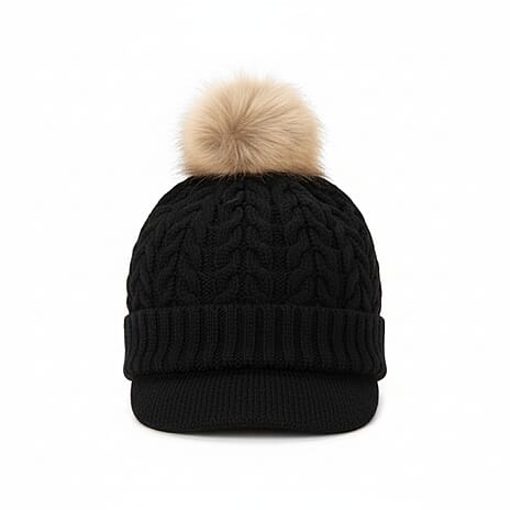 High Quality Fleeced Lined Cable Knit Pom Pom Hat - Black