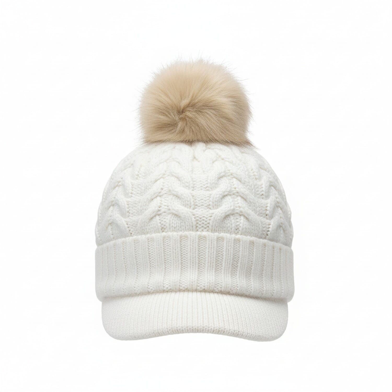 High Quality Fleeced Lined Cable Knit Pom Pom Hat - White
