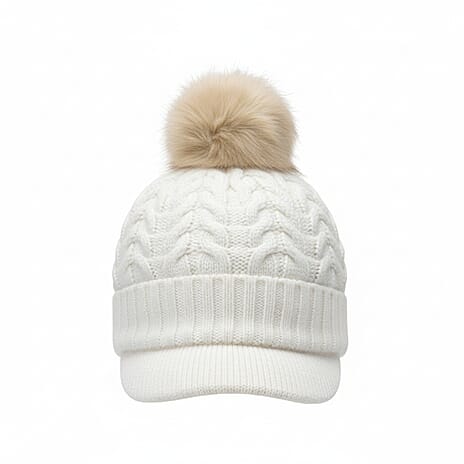 High Quality Fleeced Lined Cable Knit Pom Pom Hat - White