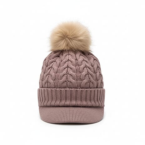 High Quality Fleeced Lined Cable Knit Pom Pom Hat - Taupe