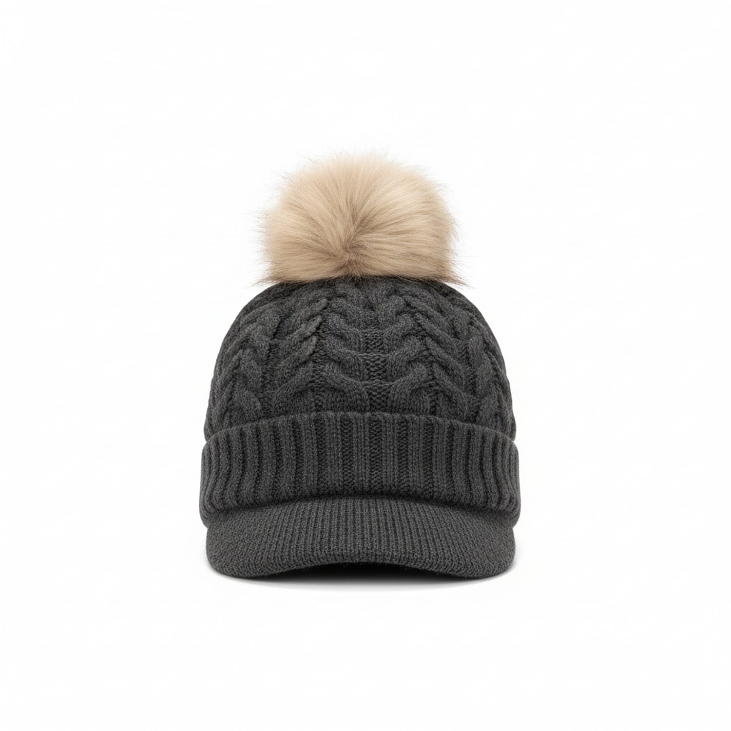 High Quality Fleeced Lined Cable Knit Pom Pom Hat - D.Grey