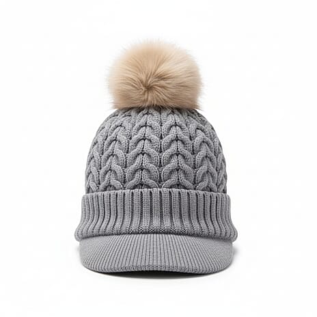 High Quality Fleeced Lined Cable Knit Pom Pom Hat - L.Grey