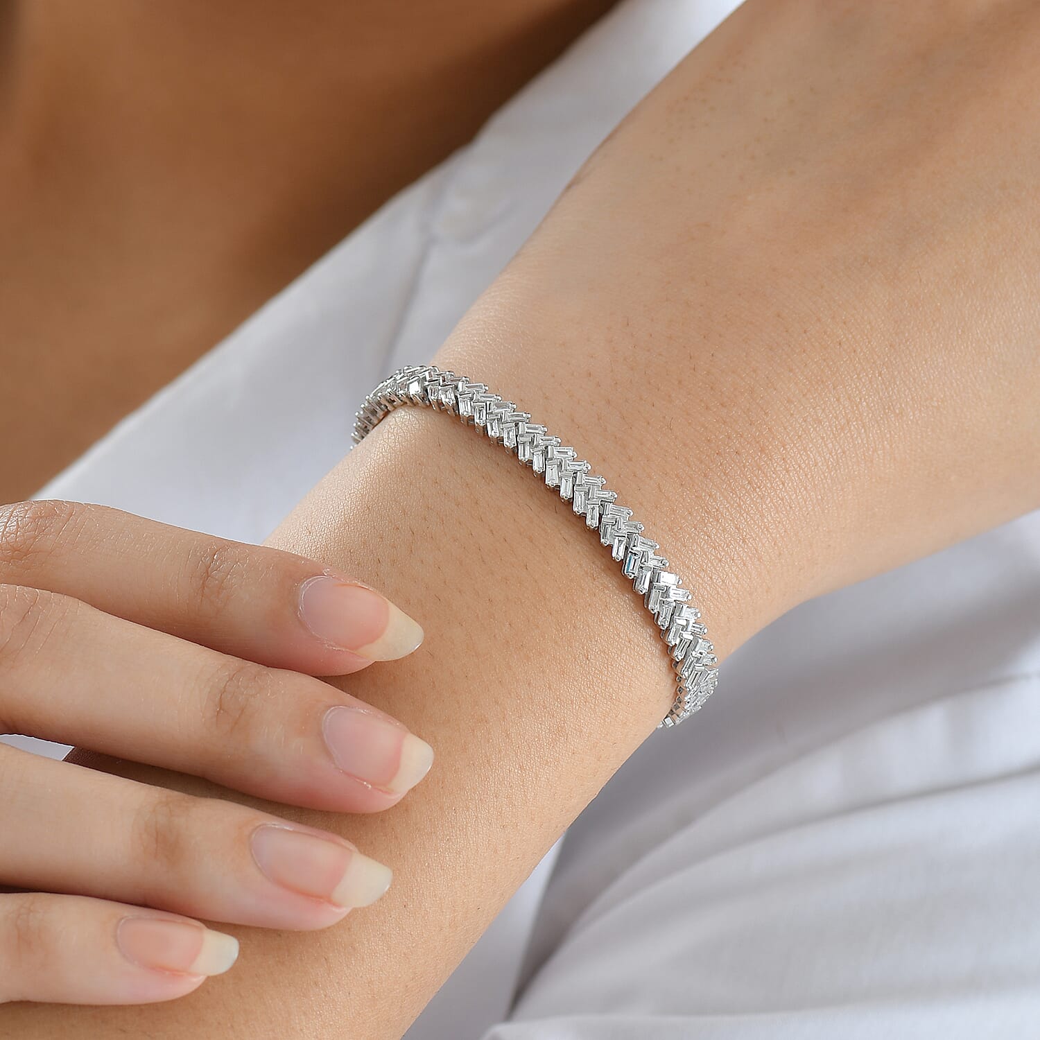 Luxuriant Lab Grown Diamond (SI-GH) Fire Cracker  Bracelet (Size 7.5)  in Rhodium Overlay Sterling Silver 3.34 Ct, Silver Wt. 12.61 Gms.