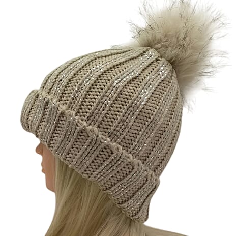 DOD - Plush Fleece Lined Faux Fur Pom Pom Hat - Off-White