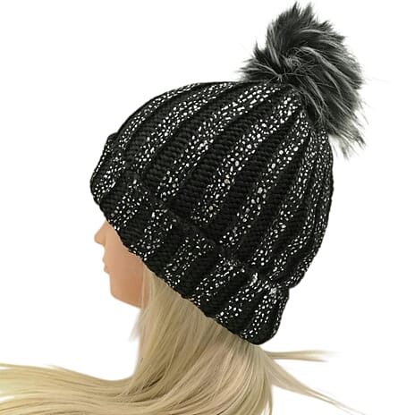 Plush Fleece Lined Faux Fur Pom Pom Hat - Black