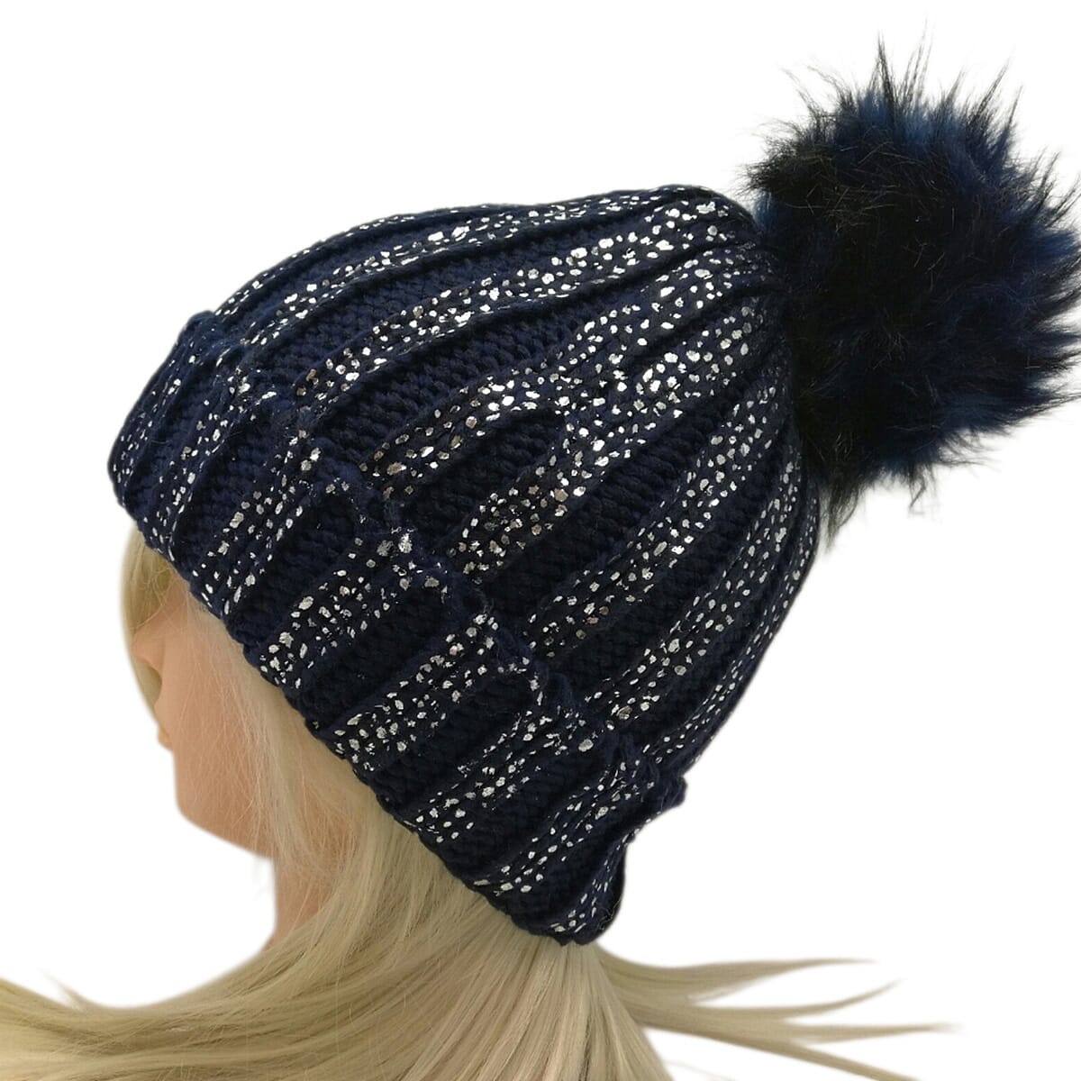 Plush Fleece Lined Faux Fur Pom Pom Hat - Navy