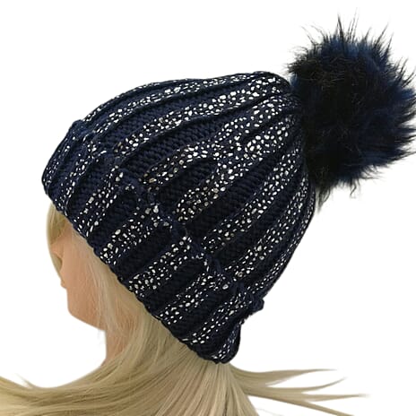 Plush Fleece Lined Faux Fur Pom Pom Hat - Navy